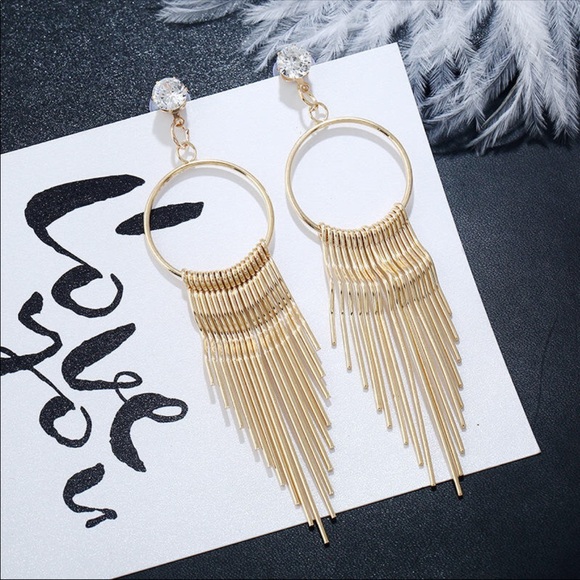 Gold bar tassel white rhinestone dangle earrings - Picture 3 of 3